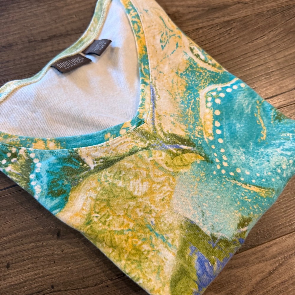 Additions by Chicos Top Size 3 XL Blue Green Floral Paisley 3/4 Sleeve V-Neck